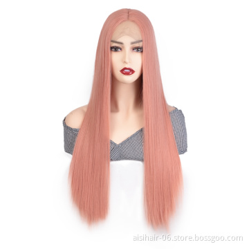 Aisi Beauty Hot Selling Wholesale Long Silky Straight Pink Pre Plucked Middle Part Synthetic Hair For Black Women Lace Front Wig